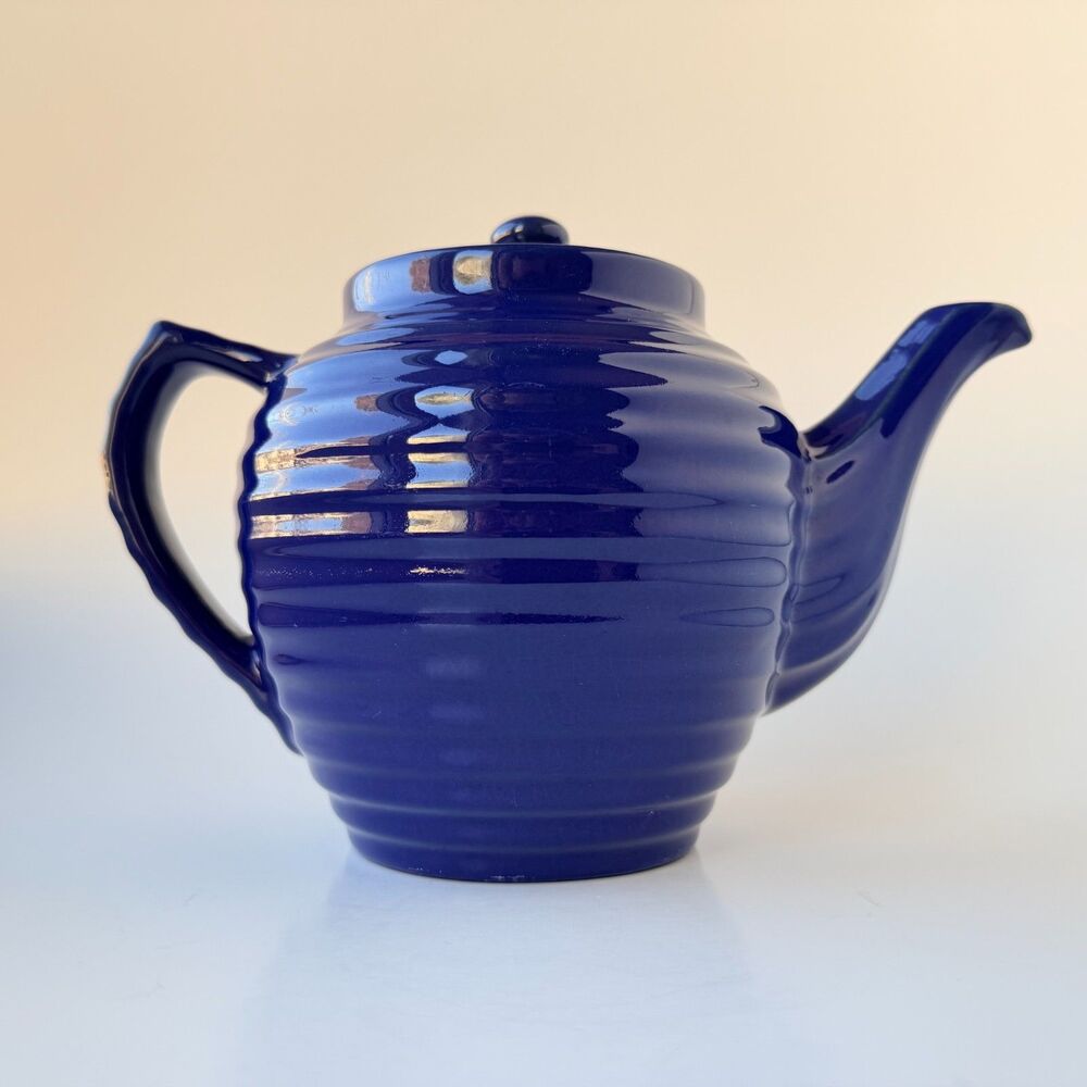Bauer Ringware Cobalt Blue Teapot w/Lid Vintage Pottery 6.5”